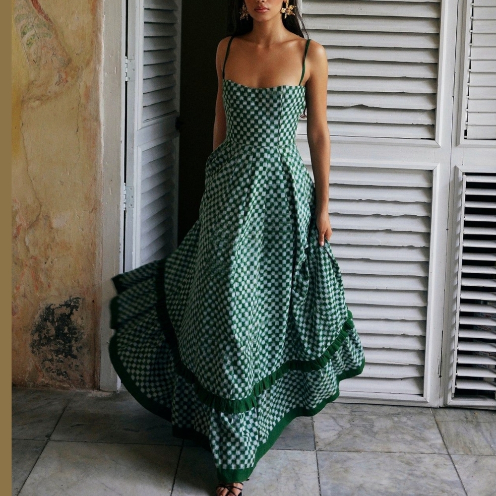 Paper Moon Green/White Checkmate Checkered Maxi Pleated Dress